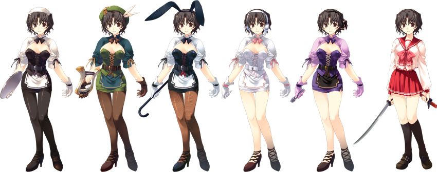 black_hair cane costume_chart gloves hairband harp hat headset high_heels katana kneehighs messy_hair microphone mitsumi_misato musical_instrument pantyhose school_uniform serafuku short_hair sword to_heart_2 to_heart_2_dungeon_travelers tray weapon yuzuhara_haruka