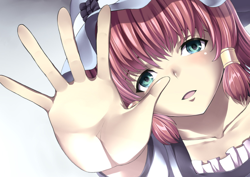 commentary_request cosplay female green_eyes hair_tubes hakaba_(dairiseki) hands hat open_mouth outstretched_hand quiz_magic_academy ruquia shiina_mayuri shiina_mayuri_(cosplay) solo steins;gate