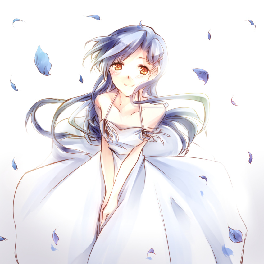 blue_hair blush brown_eyes commentary_request dress female flat_chest hair_ornament hairclip highres idolmaster idolmaster_(classic) kisaragi_chihaya long_hair own_hands_together petals ribbon smile solo white_dress yurine