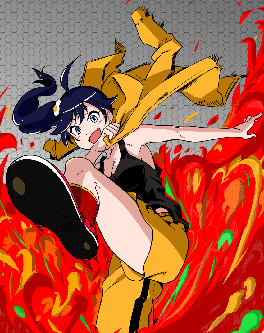 absurdres ahoge araragi_karen asymmetrical_hair bakemonogatari black_eyes black_hair commentary_request egg_(food) egg_hair_ornament female fire food food-themed_hair_ornament fried_egg hair_ornament highres kicking kiyosumi_hurricane long_hair monogatari_(series) nisemonogatari open_mouth side_ponytail smile solo