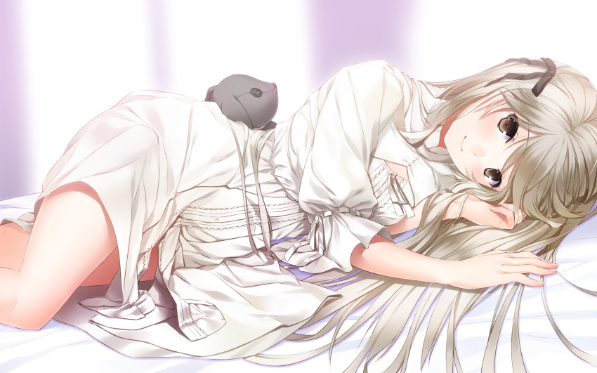 brown_eyes dress female grey_hair hair_ribbon highres kasugano_sora long_hair looking_at_viewer lying matsukawa_(pale_scarlet) on_side ribbon smile solo stuffed_animal stuffed_rabbit stuffed_toy white_dress yosuga_no_sora