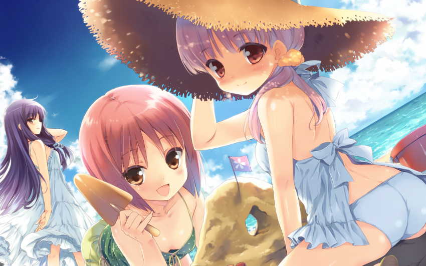 3girls :d akino_momiji all_fours ass bare_shoulders beach blue_hair blue_panties blue_sky blush breasts brown_eyes bucket cleavage cloud day downblouse dress hat highres kiriyama_sakura long_hair looking_at_viewer looking_back medium_breasts multiple_girls open_mouth outdoors panties pink_hair polka_dot qp:flapper red_hair sakura_koharu sakura_musubi sera_karen short_dress short_hair sitting sky small_breasts smile standing straw_hat sun_hat sundress trowel underwear wariza white_dress