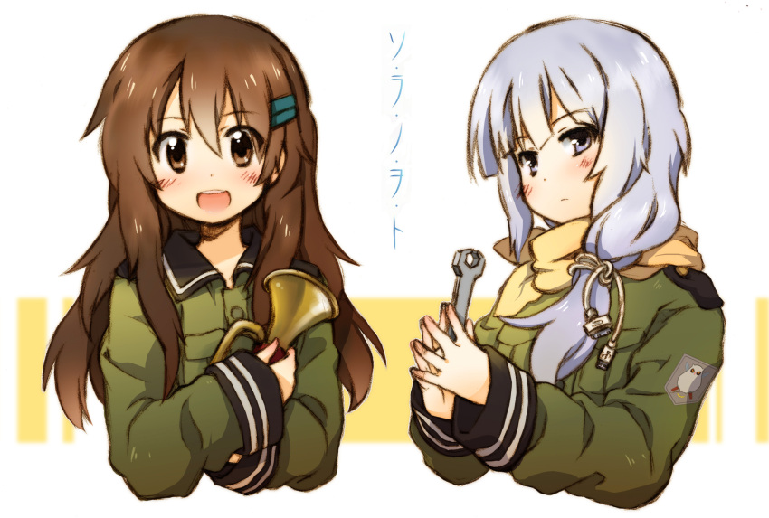 2girls :d alternate_hair_length alternate_hairstyle blush brown_eyes brown_hair bugle commentary_request copyright_name grey_eyes grey_hair hair_ornament hairclip helvetian_military_uniform highres holding hugging_object instrument kannagi_noel long_hair looking_at_viewer military military_uniform multiple_girls open_mouth photoshop_(medium) scarf shenbei_xiaoqiu smile sora_no_woto sorami_kanata steepled_fingers uniform wrench