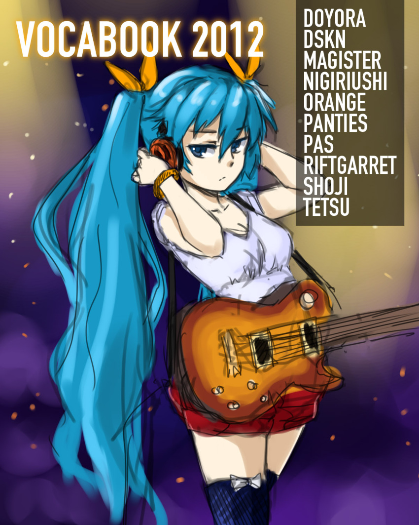 adjusting_headphones aqua_eyes aqua_hair bow breasts cleavage commentary english_commentary female guitar hairbow hands_up hatsune_miku headphones highres instrument long_hair medical_whiskey medium_breasts miniskirt pas_(paxiti) photoshop_(medium) promotional_art skirt solo thighhighs twintails very_long_hair vocaloid