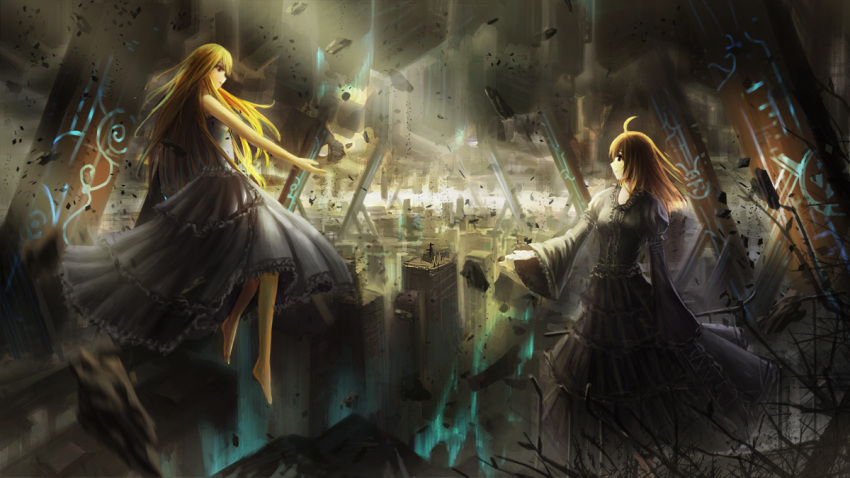 2girls ahoge bad_id bad_pixiv_id barefoot blonde_hair brown_hair dress long_hair multiple_girls original outstretched_hand photoshop_(medium) ruins science_fiction sleeveless sleeveless_dress wide_sleeves zi_ye_(hbptcsg2)