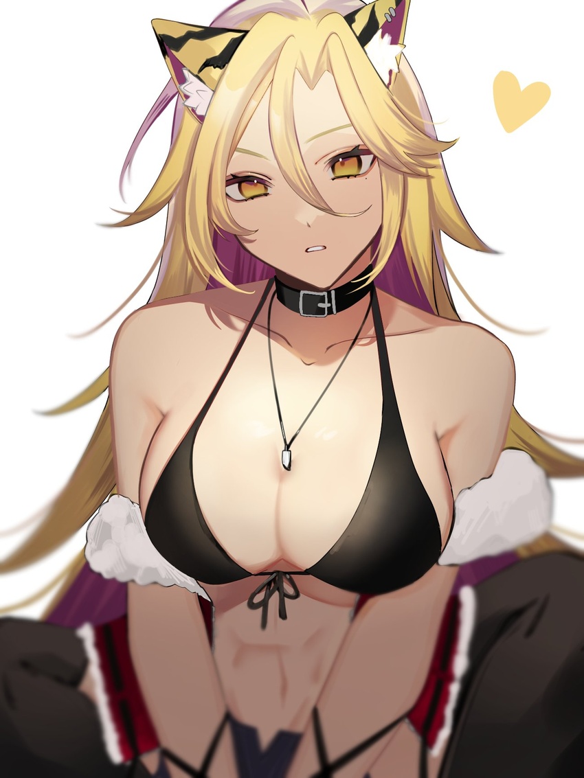 6ta6tam abs animal_ears belt_collar blonde_hair breasts cleavage collar commentary commission english_commentary female hair_between_eyes heart highres indie_virtual_youtuber large_breasts long_hair looking_at_viewer muscular muscular_female second-party_source simple_background skeb_commission solo tala_tora tiger_ears virtual_youtuber white_background