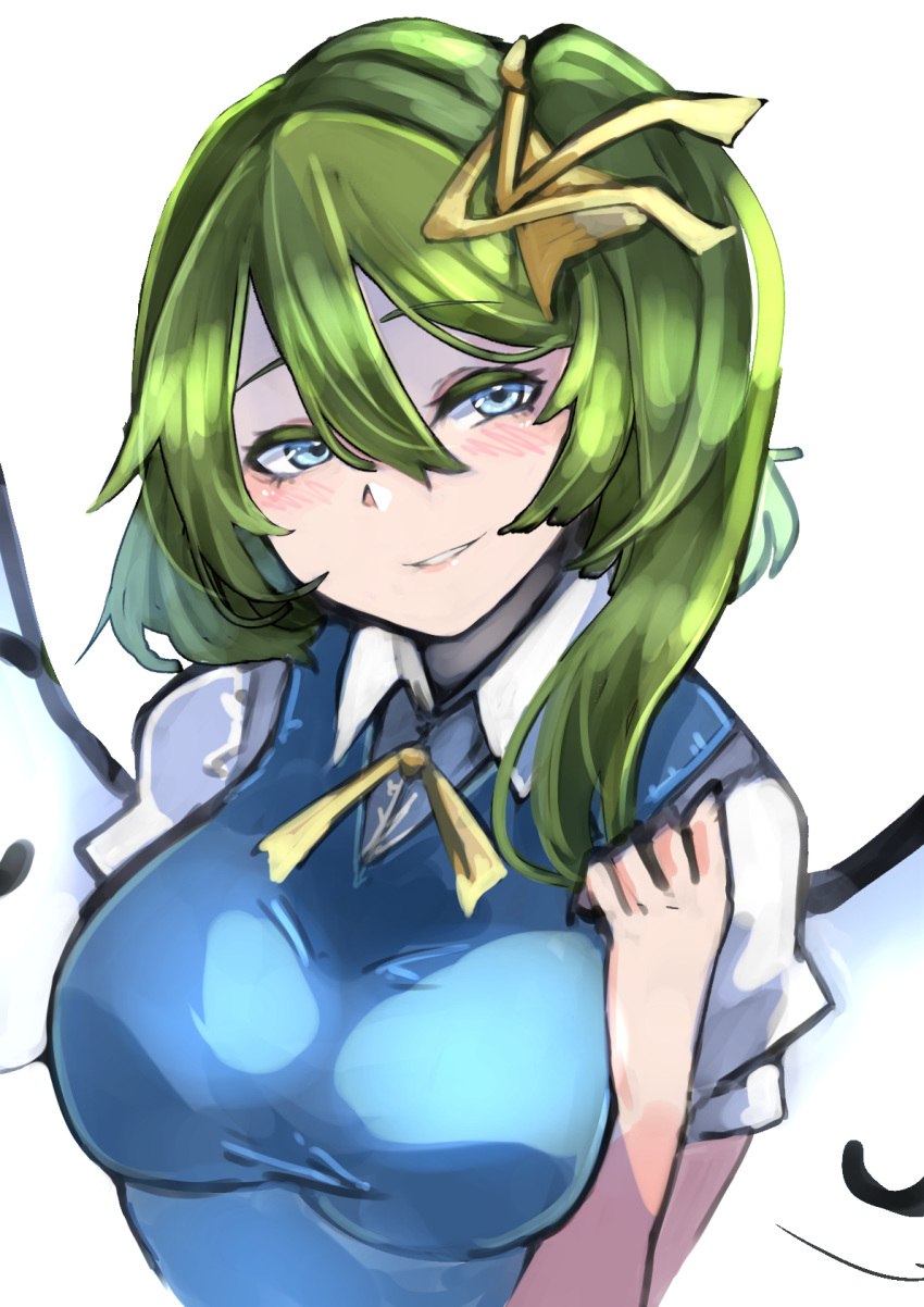 :d blue_eyes blue_vest blush bow breasts colored_eyelashes commentary daiyousei fairy_wings female green_hair hairbow hand_on_own_chest highres large_breasts looking_at_viewer neck_ribbon one-hour_drawing_challenge open_mouth ribbon shirt short_sleeves simple_background smile solo takena-c touhou upper_body vest white_background white_shirt wings yellow_bow yellow_ribbon