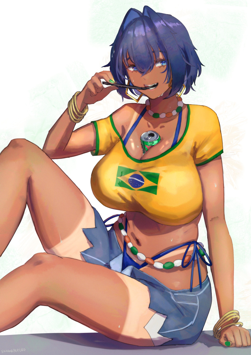 absurdres alternate_breast_size alternate_costume bead_choker bikini bikini_under_clothes bikini_under_shorts black_hair blue_eyes blue_hair blush bow bracelet brazilian_flag brazilian_flag_print brazilian_miku brazilian_miku_(cosplay) breasts can cosplay cutoffs denim denim_shorts drinking_straw earrings english_commentary erasorpepero exposed_pocket female green_trim guarana_antarctica hair_intakes hair_ornament hatsune_miku hatsune_miku_(cosplay) highres hololive hololive_english jewelry large_breasts long_hair looking_at_viewer lowleg lowleg_shorts multicolored_hair multiple_bracelets navel open_clothes open_shorts ouro_kronii rectangular_earrings shaka_sign shirt short_hair shorts shorts_tan smile solo sweat swimsuit tan tanline_peek tanlines virtual_youtuber vocaloid yellow_shirt