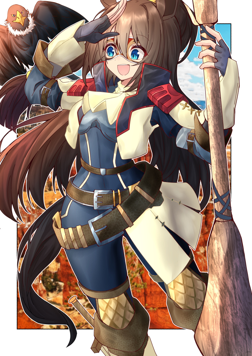 :d absurdres amaxa animal animal_ears belt bird black_gloves blue_eyes brown_belt brown_hair commentary_request eagle el_condor_pasa_(umamusume) eye_mask female fingerless_gloves gloves highres horse_ears horse_girl horse_tail long_hair monster_hunter_(series) open_mouth ponytail smile solo standing tail umamusume