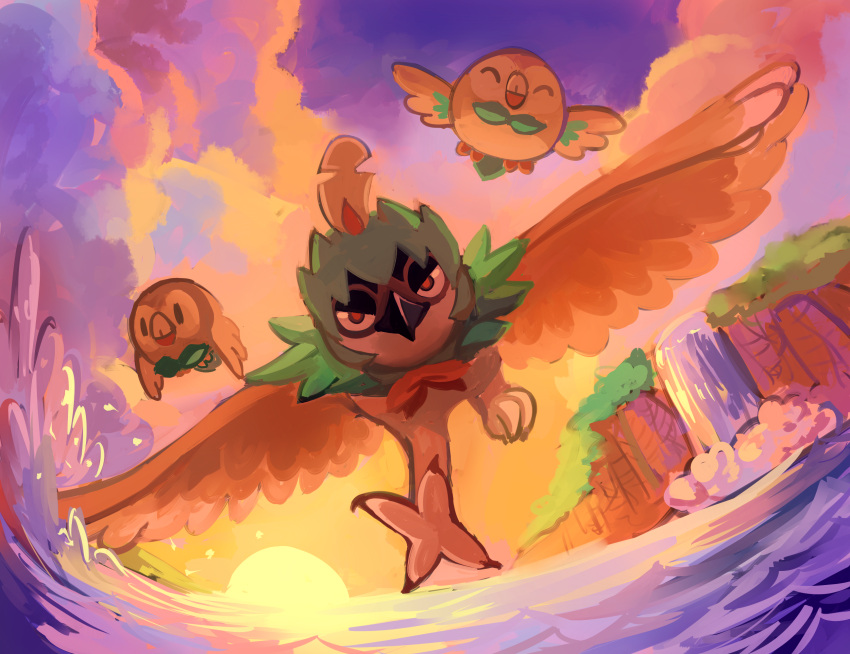 2017 ambiguous_gender beak closed_eyes day decidueye digital_media_(artwork) feathered_wings feathers feet feral flavia-elric flygon generation_3_pokemon generation_7_pokemon grass group hi_res mouth_closed nails nintendo outside plant pokemon pokemon_(species) rowlet sky sun sunset talons toes trio water waterfall wave white_sclera wings