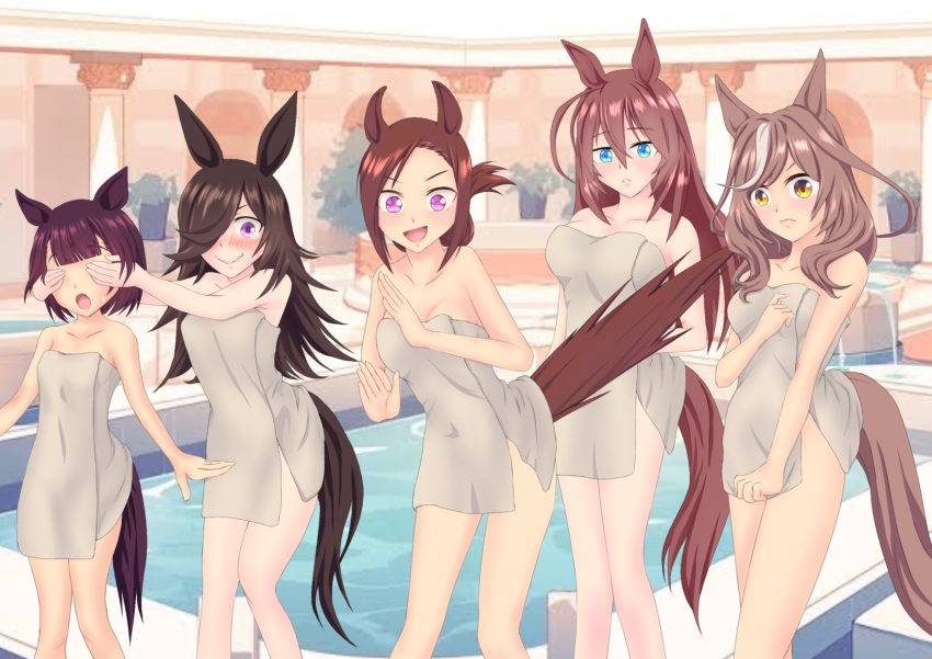 5girls ahoge alternate_costume animal_ears bath black_hair breasts brown_hair cleavage closed_mouth collarbone covering_another's_eyes eromappy hair_between_eyes hair_ornament hair_over_one_eye highres horse_girl looking_at_viewer matikane_tannhauser_(umamusume) medium_breasts mihono_bourbon_(umamusume) multiple_girls nishino_flower_(umamusume) open_mouth pool rice_shower_(umamusume) sakura_bakushin_o_(umamusume) small_breasts surprised sweat tears towel umamusume