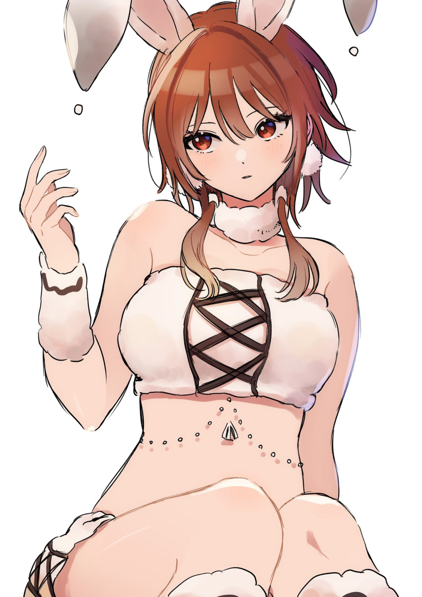 aketa_mikoto animal_ears bare_shoulders blush breasts brown_hair collarbone crop_top cropped_shirt earrings fake_animal_ears female fur_choker gradient_hair hair_tie hand_up highres idolmaster idolmaster_shiny_colors jewelry large_breasts looking_to_the_side midriff multicolored_hair po_(moudameda17) pom_pom_(clothes) pom_pom_earrings rabbit_ears red_eyes shirt shorts simple_background sitting solo white_arm_warmers white_background white_shirt white_shorts