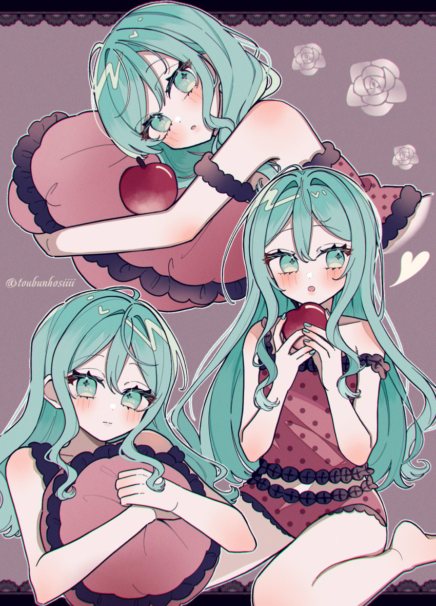 apple aqua_eyes aqua_hair bare_legs barefoot camisole collarbone cross-shaped_pupils curly_sidelocks female food frilled_panties frilled_pillow frills fruit hair_down half-closed_eyes hatsune_miku highres holding holding_food holding_fruit light_blush long_hair lying maca1227 messy_hair multiple_views on_stomach panties pillow pink_camisole pink_panties pink_pillow polka_dot polka_dot_camisole polka_dot_panties purple_background romeo_to_cinderella_(vocaloid) sitting solo strap_slip symbol-shaped_pupils twitter_username underwear vocaloid wariza