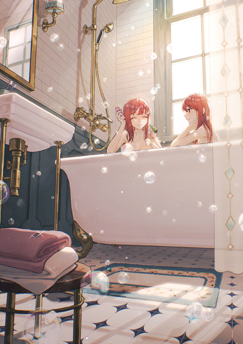 2girls absurdres bare_shoulders bath bath_stool bathing bathroom bathtub bubble_bath bubble_pipe closed_eyes commentary_request curtains faucet folded from_below hand_on_own_cheek hand_on_own_face highres industrial_pipe jewelry kotobuki_nashiko lamp long_hair looking_at_another mat mirror multiple_girls nude original red_eyes red_hair reflection ring shower_head sink smile soap_bubbles stool tile_floor tile_wall tiles toothbrush window