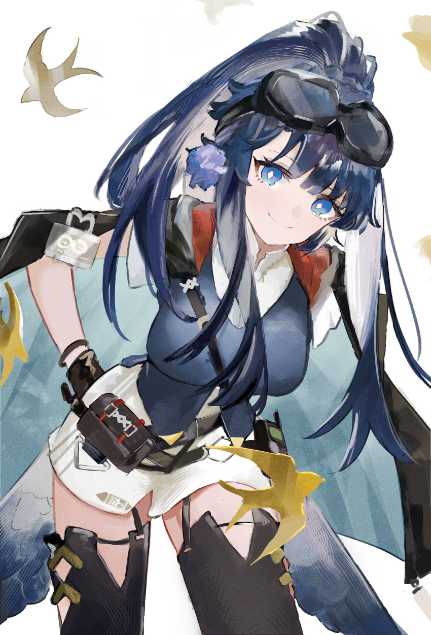 absurdres arknights astgenne_(arknights) bird bird_wings black_gloves black_jacket black_thighhighs blue_eyes blue_hair blue_jacket blue_vest bracelet closed_mouth commentary_request cowboy_shot diamond-shaped_pupils diamond_(shape) ema_(kuguiema) female gloves goggles goggles_on_head hand_on_own_hip highres id_card jacket jacket_on_shoulders jewelry leaning_forward long_hair looking_at_viewer low_wings ponytail pouch radio rhine_lab_logo shirt short_sleeves skirt smile solo swallow_(bird) symbol-shaped_pupils thighhighs two-sided_fabric two-sided_jacket vest white_shirt white_skirt wings