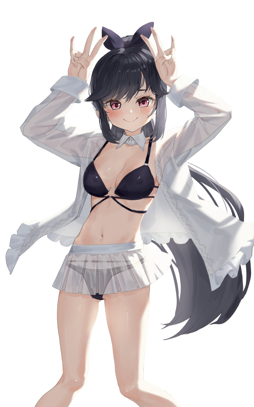 absurdres armpits arms_up bikini bikini_under_clothes black_bikini black_hair breasts closed_mouth commission detached_collar double_w female hair_ribbon highres jacket long_hair long_sleeves looking_at_viewer medium_breasts miniskirt navel open_clothes open_jacket original pleated_skirt ponytail red_eyes ribbon rnjs4967 see-through_clothes see-through_skirt see-through_sleeves simple_background skirt smile solo stomach string_bikini swimsuit thighs very_long_hair w white_background white_jacket white_skirt