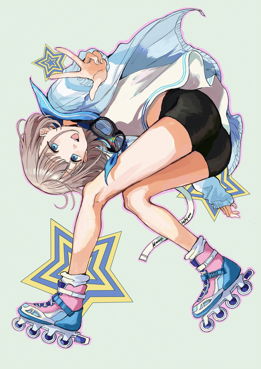 absurdres ass bike_shorts blue_eyes blue_jacket blue_neckerchief blue_sailor_collar blush breasts earrings female full_body goggles goggles_around_neck green_background grey_hair hand_up highres idolmaster idolmaster_shiny_colors inline_skates jacket jewelry leaning_forward long_sleeves looking_at_viewer midriff_peek mou_(piooooon) neckerchief open_mouth roller_skates sailor_collar serizawa_asahi shirt short_hair skates small_breasts smile socks solo star_symbol_background two-tone_footwear w white_shirt white_socks