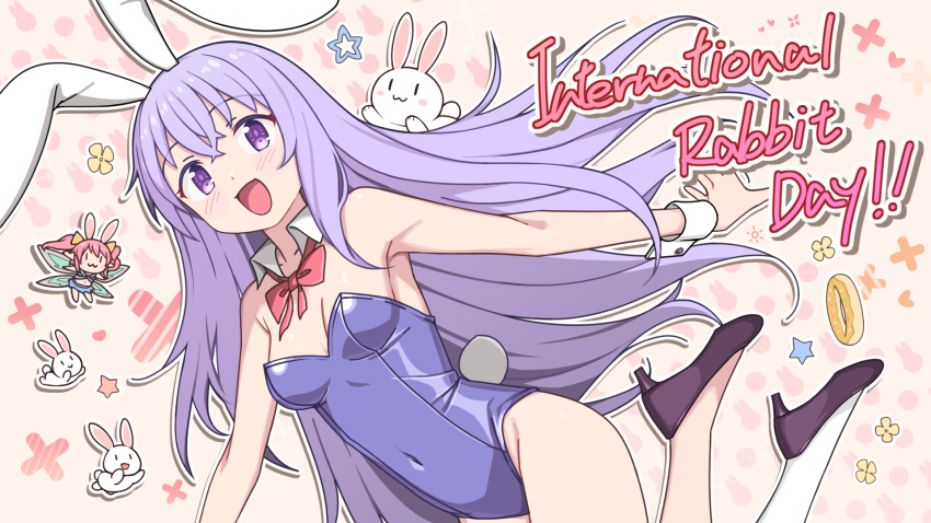 2girls animal_ears artist_request bare_legs bow bowtie breasts cleavage covered_navel detached_collar erina_(rabi-ribi) fairy fairy_wings high_heels highres leotard long_hair mini_person minigirl multiple_girls playboy_bunny purple_eyes purple_footwear purple_hair purple_leotard rabbit rabbit_ears rabbit_girl rabbit_tail rabi-ribi red_bow red_bowtie ribbon_(rabi-ribi) small_breasts strapless strapless_leotard tail very_long_hair white_wrist_cuffs wings wrist_cuffs