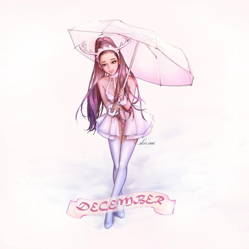 animification ariana_grande boots bra breasts brown_eyes brown_hair chinese_commentary crossed_legs fake_antlers female high_heel_boots high_heels holding holding_umbrella leaning_forward lily_(shio1006) long_hair looking_at_viewer ponytail real_life skirt small_breasts smile snow solo thigh_boots umbrella underwear very_long_hair white_bra white_footwear white_skirt