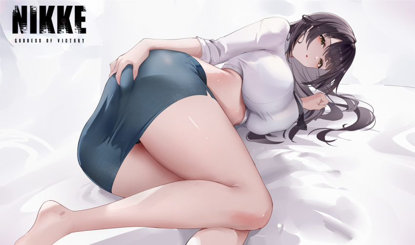 ass baige0 barefoot black_hair blush breasts commentary_request copyright_name female goddess_of_victory:_nikke has_bad_revision has_watermarked_revision large_breasts long_hair looking_at_viewer lying marciana_(nikke) marciana_(school_days)_(nikke) md5_mismatch miniskirt official_alternate_costume on_side paid_reward_available parted_lips shirt skirt solo thighs white_background white_shirt yellow_eyes