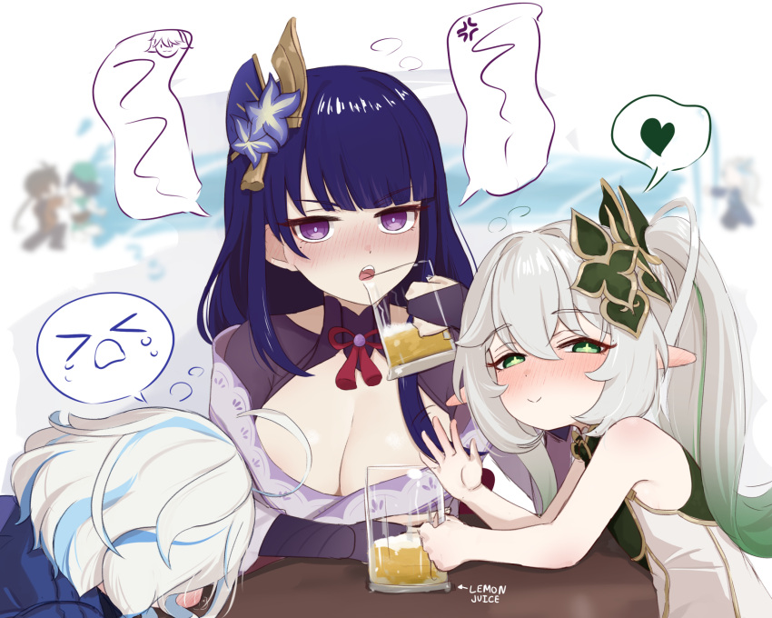 >_< 3boys 3girls ahoge alcohol anger_vein beer blue_hair blush breasts cleavage closed_mouth commentary_request cup drink ear_blush face_down flower furina_(genshin_impact) genshin_impact green_eyes green_hair hair_between_eyes hair_flower hair_ornament half-closed_eyes heart highres holding holding_cup japanese_clothes long_hair looking_at_viewer mockingeu mole mole_under_eye multicolored_hair multiple_boys multiple_girls nahida_(genshin_impact) neuvillette_(genshin_impact) nose_blush open_mouth pointy_ears purple_eyes purple_hair raiden_shogun side_ponytail simple_background spoken_heart venti_(genshin_impact) white_hair zhongli_(genshin_impact)