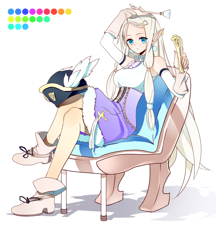 absurdres blue_eyes boots commentary_request dahlia_(rune_factory) dress earrings female hair_ornament hairclip hat highres jewelry long_hair pointy_ears rune_factory rune_factory_3 shinoi sitting solo white_hair