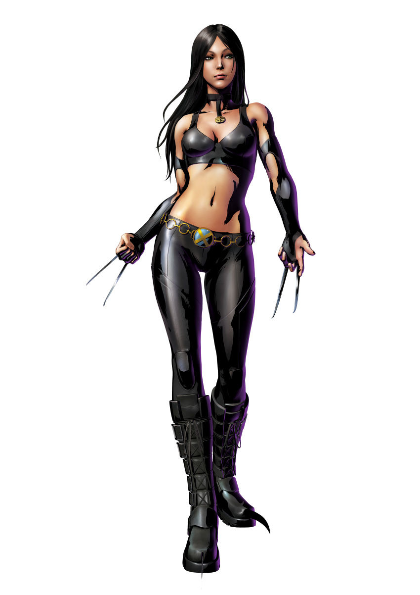 3d absurdres belt black_hair boots capcom choker claws halter_top halterneck highres jewelry marvel marvel_vs._capcom marvel_vs_capcom mori_toshiaki necklace official_art shinkiro tank_top x-23 x-men