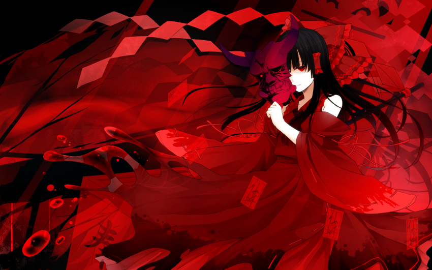 bare_shoulders black_hair blood blood_from_eyes bow commentary_request detached_sleeves female hairbow hannya highres kazeharu long_hair m.u.g.e.n mask nontraditional_miko oni oni_mask onimiko original red_theme sendai_hakurei_no_miko solo touhou