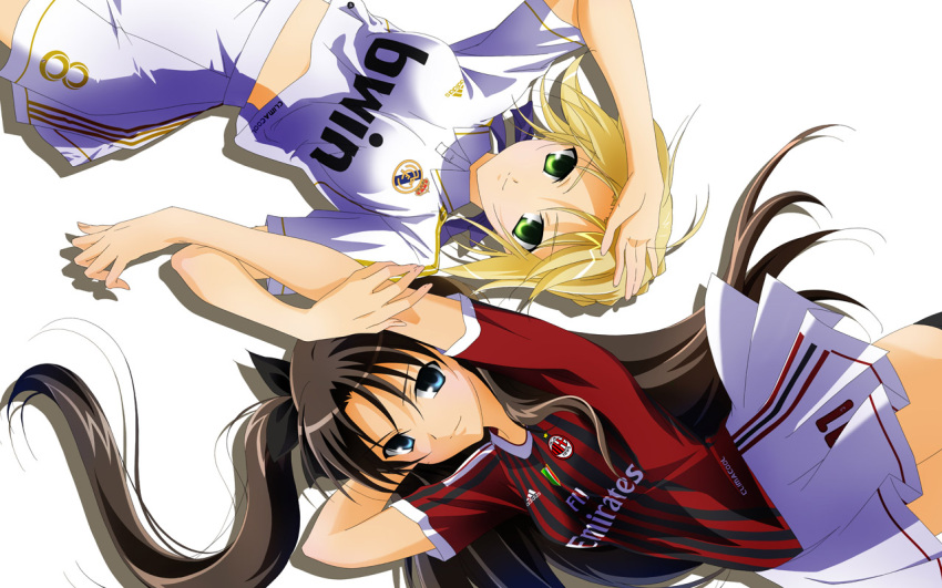 2girls ac_milan adidas artoria_pendragon_(fate) blonde_hair blue_eyes bow brown_hair commentary_request fate/stay_night fate_(series) green_eyes hair_ribbon hairbow jersey kurosaki_samurai la_liga long_hair looking_at_viewer midriff multiple_girls one_side_up photoshop_(medium) real_madrid ribbon ricardo_kaka saber_(fate) serie_a skirt soccer soccer_uniform sportswear tohsaka_rin zlatan_ibrahimovic