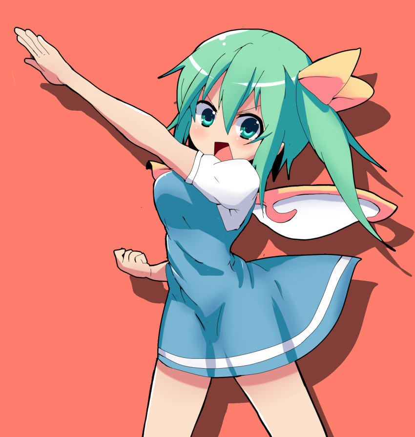 arm_up commentary_request daiyousei dress female green_eyes green_hair hair_ribbon henshin_pose highres kamen_rider kuromu_(underporno) looking_at_viewer open_mouth outstretched_arm parody ponytail pose ribbon solo standing touhou wings