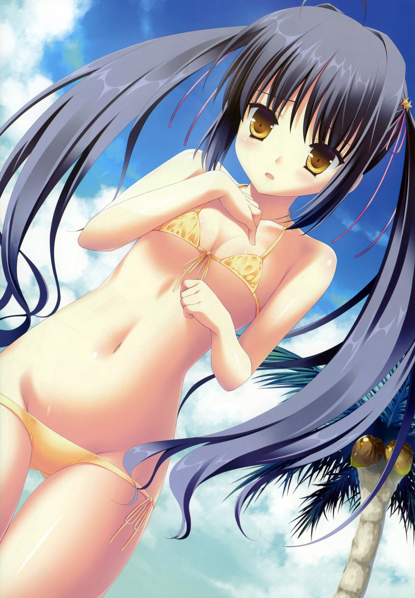 :o absurdres bare_shoulders bikini black_hair blue_sky blush brown_eyes cloud day female flat_chest front-tie_top hand_on_own_chest highres lowleg lowleg_bikini micro_bikini navel outdoors photoshop_(medium) rakko_(makarakko) shiny_skin side-tie_bikini_bottom sky solo sugirly_wish swimsuit thigh_gap twintails yellow_bikini yusa_kurumi