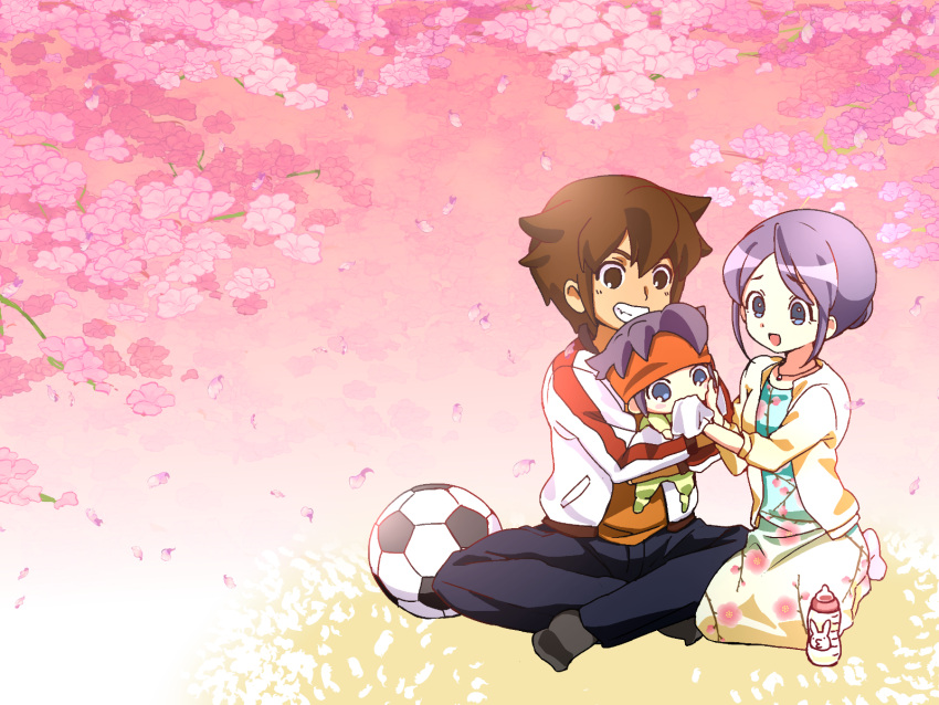 1boy baby bad_id bad_pixiv_id ball blue_eyes brown_hair cherry_blossoms endou_mamoru female highres husband_and_wife inazuma_eleven inazuma_eleven_(series) inazuma_eleven_go kudou_fuyuka lolicon long_hair maetaku napkin open_mouth purple_hair short_hair soccer_ball telstar