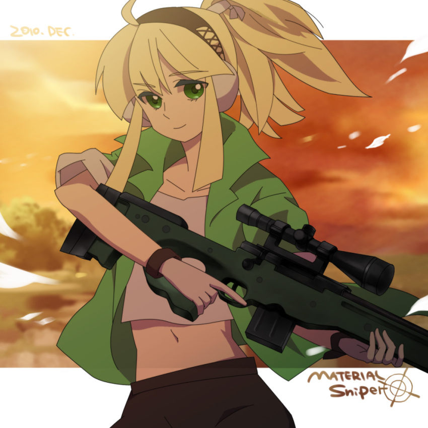 blonde_hair commentary_request copyright_name dated ear_protection female gloves green_eyes gun iris_(material_sniper) jacket material_sniper ponytail rifle scope short_hair sleeves_rolled_up sniper_rifle solo tako_niwa trigger_discipline weapon