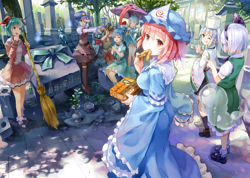 >_< 6+girls 77gl :q alternate_costume alternate_headwear animal_ears bamboo_broom blue_eyes blue_hair breasts broom brown_eyes brown_hair chef_hat chicken_(food) closed_eyes clothes_lift commentary_request cosplay dress eating fangs female_pervert flat_chest flat_top_chef_hat food fried_chicken futatsuiwa_mamizou glasses grave graveyard green_eyes green_hair grey_hair hair_ornament hair_ribbon hair_rings hair_stick hairband hat holding japanese_clothes jiangshi kaku_seiga karakasa_obake kasodani_kyouko konpaku_youmu konpaku_youmu_(ghost) leaf leaf_on_head long_hair medium_breasts miyako_yoshika mononobe_no_futo multiple_girls mystia_lorelei mystia_lorelei_(bird) mystia_lorelei_(cosplay) ofuda one_eye_closed open_mouth outstretched_arms panties pervert photoshop_(medium) pink_eyes pink_hair ponytail raccoon_ears ribbon saigyouji_yuyuko shawl shiki_eiki short_hair side_ponytail skirt skirt_lift small_breasts smile star_(symbol) tatara_kogasa ten_desires thumbs_up tongue tongue_out touhou translated triangular_headpiece umbrella underwear white_hair white_panties zombie_pose