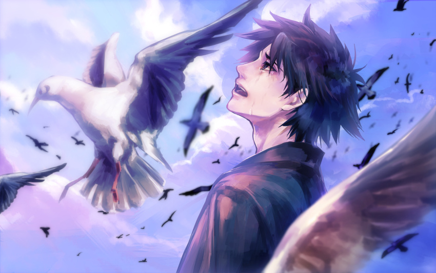 1boy aged_down animal bird commentary_request emiya_kiritsugu fate/zero fate_(series) highres male_focus photoshop_(medium) solo tamachi_kuwa tears