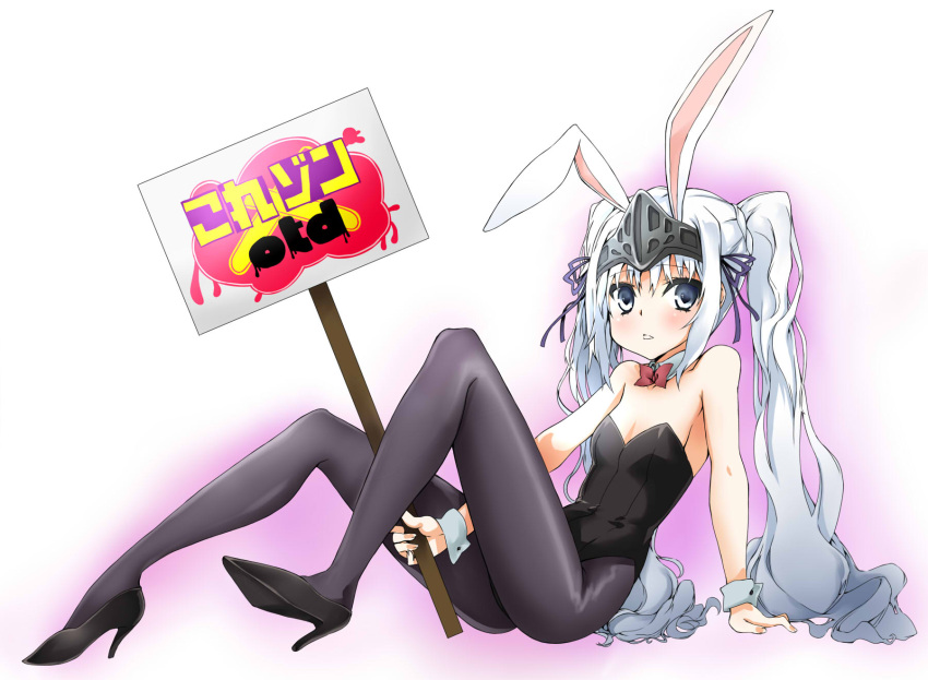 animal_ears arm_support bow commentary_request detached_collar eucliwood_hellscythe female flat_chest hair_ribbon high_heels highres holding holding_sign koge-owl kore_wa_zombie_desu_ka? long_hair pantyhose placard playboy_bunny purple_eyes rabbit_ears ribbon shoes sign sitting solo twintails visor_(armor) white_hair wrist_cuffs