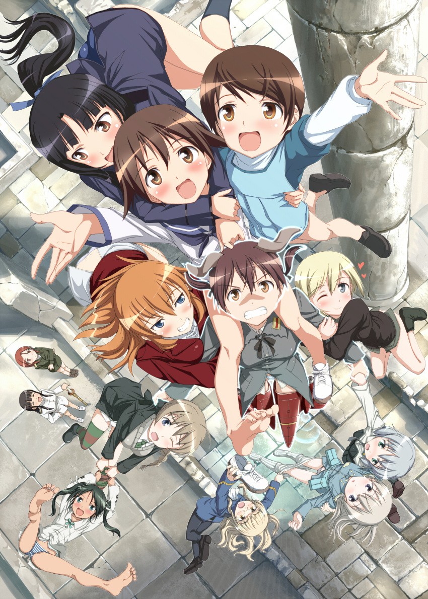 501st_joint_fighter_wing 6+girls absurdres architecture bare_legs barefoot black_pantyhose blush carrying charlotte_e._yeager christiane_barkhorn clenched_teeth clothes_pull column commentary_request eila_ilmatar_juutilainen erica_hartmann everyone flying francesca_lucchini from_above gertrud_barkhorn grin hattori_shizuka hi-ho- highres holding hug jacket looking_at_viewer lynette_bishop military military_jacket military_uniform minna-dietlinde_wilcke miyafuji_yoshika multiple_girls no_pants one_eye_closed open_mouth outstretched_arms panties pantyhose pantyhose_pull perrine_h._clostermann pillar ruins sakamoto_mio sanya_v._litvyak shoes shoulder_carry single_shoe smile spread_arms spread_legs strike_witches striker_unit teeth thighhighs underwear uniform white_legwear world_witches_series