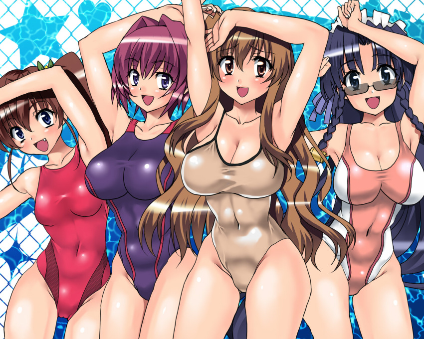 4girls amamiya_shiina arms_up bad_id bad_pixiv_id black_eyes black_hair blue_eyes braid brown_eyes brown_hair competition_swimsuit long_hair maid_headdress multiple_girls nanashiro_nanami nogizaka_haruka nogizaka_haruka_no_himitsu nogizaka_mika one-piece_swimsuit purple_hair sen_(sansui) sunglasses swimsuit twin_braids twintails