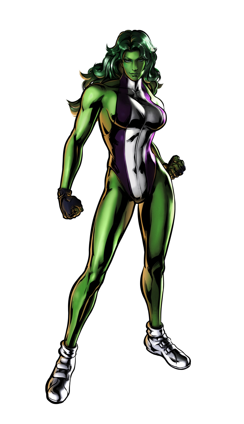 abs absurdres breasts capcom cleavage female female fingerless_gloves gloves green_hair green_skin highres large_breasts leotard marvel marvel_vs._capcom marvel_vs._capcom_3 marvel_vs_capcom marvel_vs_capcom_3 mori_toshiaki muscle she-hulk shinkiro smile solo