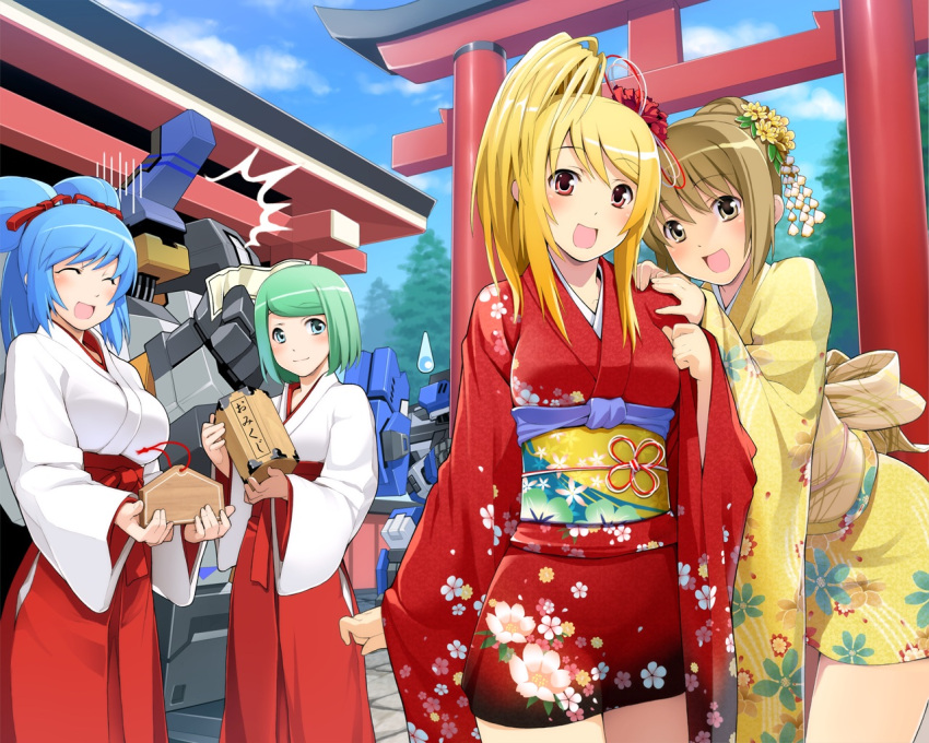 4girls :d ^^^ ^_^ alternate_costume blonde_hair blue_hair brown_eyes brown_hair closed_eyes cosmic_break crimrose destructor_girl ema floral_print flower green_eyes green_hair hair_flower hair_ornament hair_ribbon hakama hakama_skirt hands_on_another's_shoulder japanese_clothes kanzashi kimono lily_rain miko multiple_girls new_year official_art omikuji open_mouth ponytail red_eyes rei_(cosmic_break) ribbon short_kimono shrine skirt smile torii translated tsumami_kanzashi twintails wakaba_sprout wide_sleeves