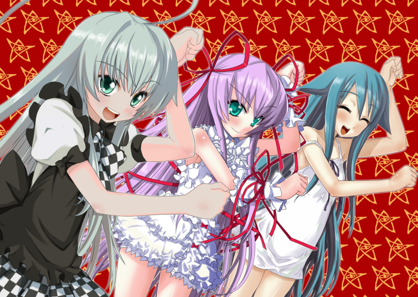 3girls ahoge al_azif aqua_hair bare_shoulders checkered_clothes checkered_skirt commentary_request crossover cthulhu_mythos demonbane dress elder_sign gorakujin green_eyes grey_hair haiyore!_nyaruko-san multiple_crossover multiple_girls nitroplus nyarlathotep_(nyaruko-san) photoshop_(medium) purple_hair saya_(saya_no_uta) saya_no_uta skirt smile strap_slip sundress the_monkey trait_connection