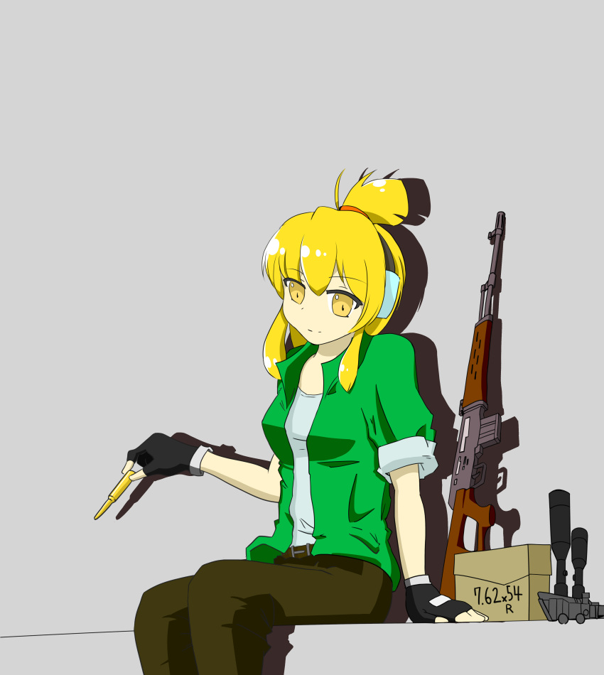 absurdres bad_id bad_pixiv_id blonde_hair bullet ear_protection female fingerless_gloves gloves gun highres iris_(material_sniper) jacket material_sniper open_clothes open_jacket pants rifle scan scan_artifacts scope scrunchie short_ponytail sidelocks sitting sleeves_rolled_up sniper_rifle type38arisaka weapon yellow_eyes