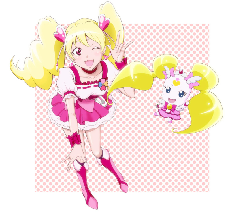 \m/ blonde_hair blue_eyes boots bow candy_(smile_precure!) choker color_connection commentary_request creature cure_candy cure_peach eyelashes facial_mark female fresh_precure! full_body hair_ornament hairpin heart heart_facial_mark heart_hair_ornament kijinaka_mahiro knee_boots long_hair look-alike magical_girl momozono_love one_eye_closed photoshop_(medium) pink_bow pink_choker pink_eyes pink_footwear pink_wrist_cuffs precure skirt smile smile_precure twintails wrist_cuffs