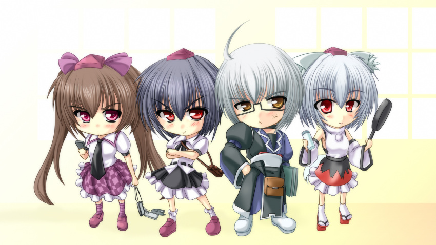 1boy 3girls :> ahoge anger_vein bare_shoulders binoculars black_hair book brown_hair cellphone chibi choker commentary_request crossed_arms detached_sleeves frying_pan geta glasses grey_hair hand_on_own_hip hat highres himekaidou_hatate inubashiri_momiji kirihane long_hair miniskirt morichika_rinnosuke multiple_girls necktie phone pouch puffy_sleeves purple_eyes red_eyes salt salt_shaker shameimaru_aya short_hair skirt smile socks tengu tengu-geta tokin_hat touhou twintails uniform v-shaped_eyebrows white_hair yellow_eyes