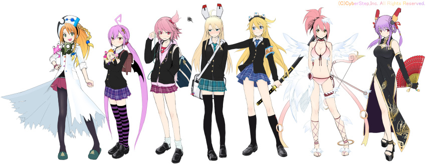 6+girls angel_wings aquila_girl bag bat_wings bikini blonde_hair blue_eyes bow_(weapon) braid china_dress chinese_clothes commentary_request cosmic_break dress elbow_gloves elisalotte folding_fan gas_mask gloves green_eyes hair_ornament hand_fan highres holding holding_fan hood hoodie jikun_long katana mask melfi messenger_bag morizo_cs multiple_girls navel necktie nemlim_mellow orange_hair pantyhose pink_hair purple_hair red_eyes rouche shoulder_bag side_ponytail simple_background skirt standing striped_clothes striped_thighhighs swimsuit sword thighhighs weapon white_background winberrl wings yellow_eyes