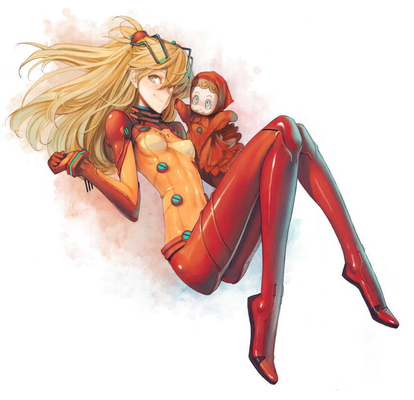 aqua_eyes ataruman bodysuit commentary doll evangelion:_2.0_you_can_(not)_advance female flat_chest headgear highres legs_folded light_brown_hair long_hair looking_at_viewer multicolored_bodysuit multicolored_clothes neon_genesis_evangelion orange_bodysuit photoshop_(medium) pilot_suit plugsuit rebuild_of_evangelion red_bodysuit skin_tight skinny solo souryuu_asuka_langley test_plugsuit two_side_up white_background