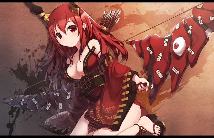 arrow_(projectile) blush bow_(weapon) breasts cleavage commentary_request eyeball feet female horns huge_weapon japanese_clothes kimono letterboxed long_hair long_sleeves looking_at_viewer medium_breasts obi off_shoulder ofuda original partial_commentary photoshop_(medium) quiver red_eyes red_hair red_kimono sandals sash solo weapon wide_sleeves zenn