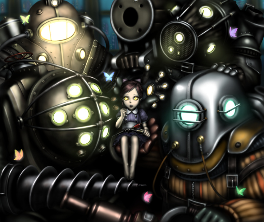 big_daddy_(bioshock) bioshock bioshock_2 butterfly dress drill groomlake helmet highres little_sister_(bioshock) subject_delta yellow_eyes