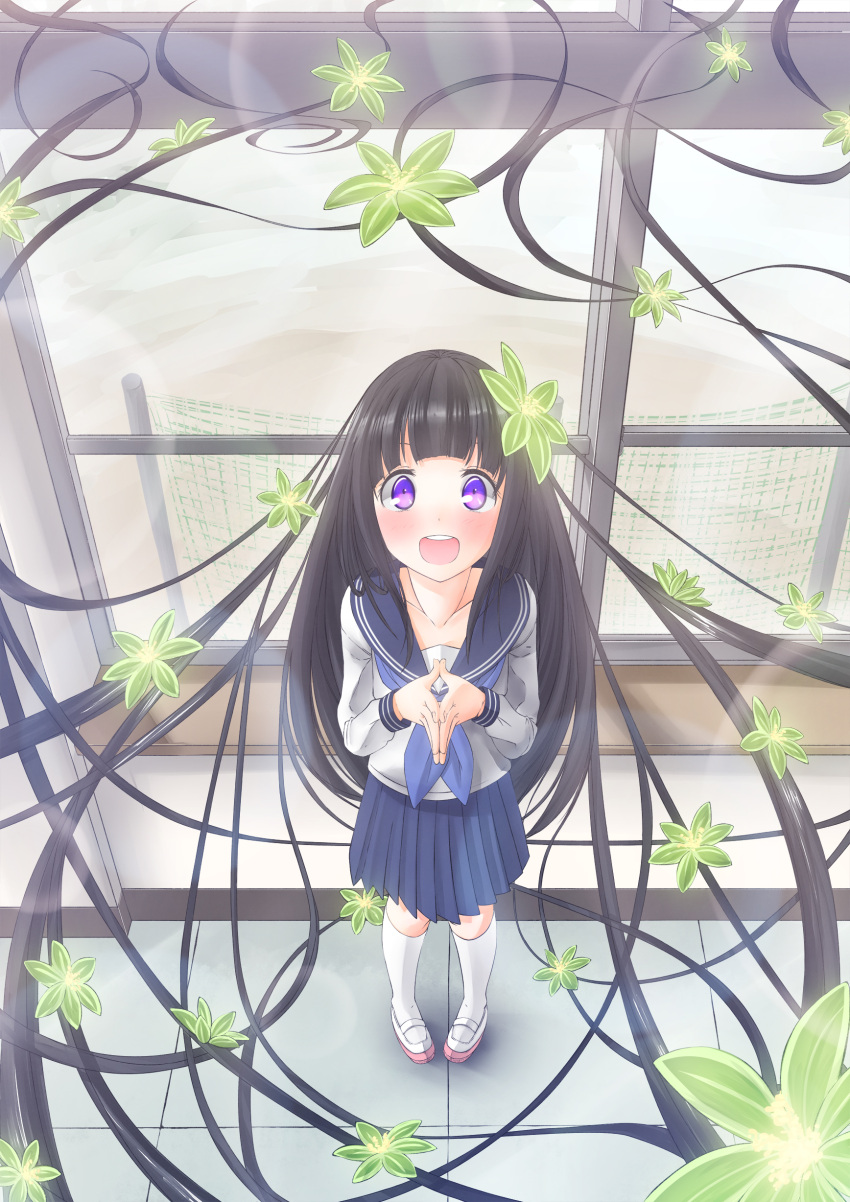 :d absurdres bad_id bad_nicoseiga_id black_hair blush chitanda_eru collarbone female floating_hair flower from_above highres hyouka kamiyama_high_school_uniform_(hyouka) kneehighs long_hair looking_at_viewer looking_up neckerchief nekobaka open_mouth own_hands_together photoshop_(medium) pigeon-toed pleated_skirt purple_eyes school_uniform serafuku shoes skirt smile socks solo steepled_fingers uwabaki very_long_hair white_socks window