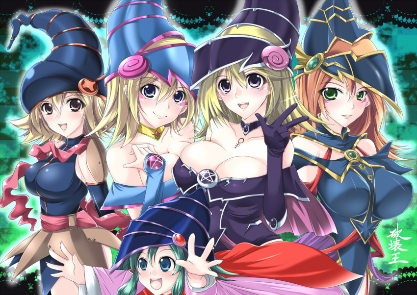 5girls :d bare_shoulders blonde_hair blue_eyes breasts brown_eyes brown_hair card_ejector choker cleavage collarbone commentary_request dark_magician_girl duel_monster elbow_gloves gagaga_girl gloves green_eyes hakaioh_(shining_wizard) hat large_breasts magi_magi_magician_gal magician's_valkyria multiple_girls open_mouth pentacle pentagram purple_eyes smile v w wizard_hat yu-gi-oh!